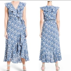 MAX STUDIO NWT Floral Ruffle Wrap Midi Dress Blue S